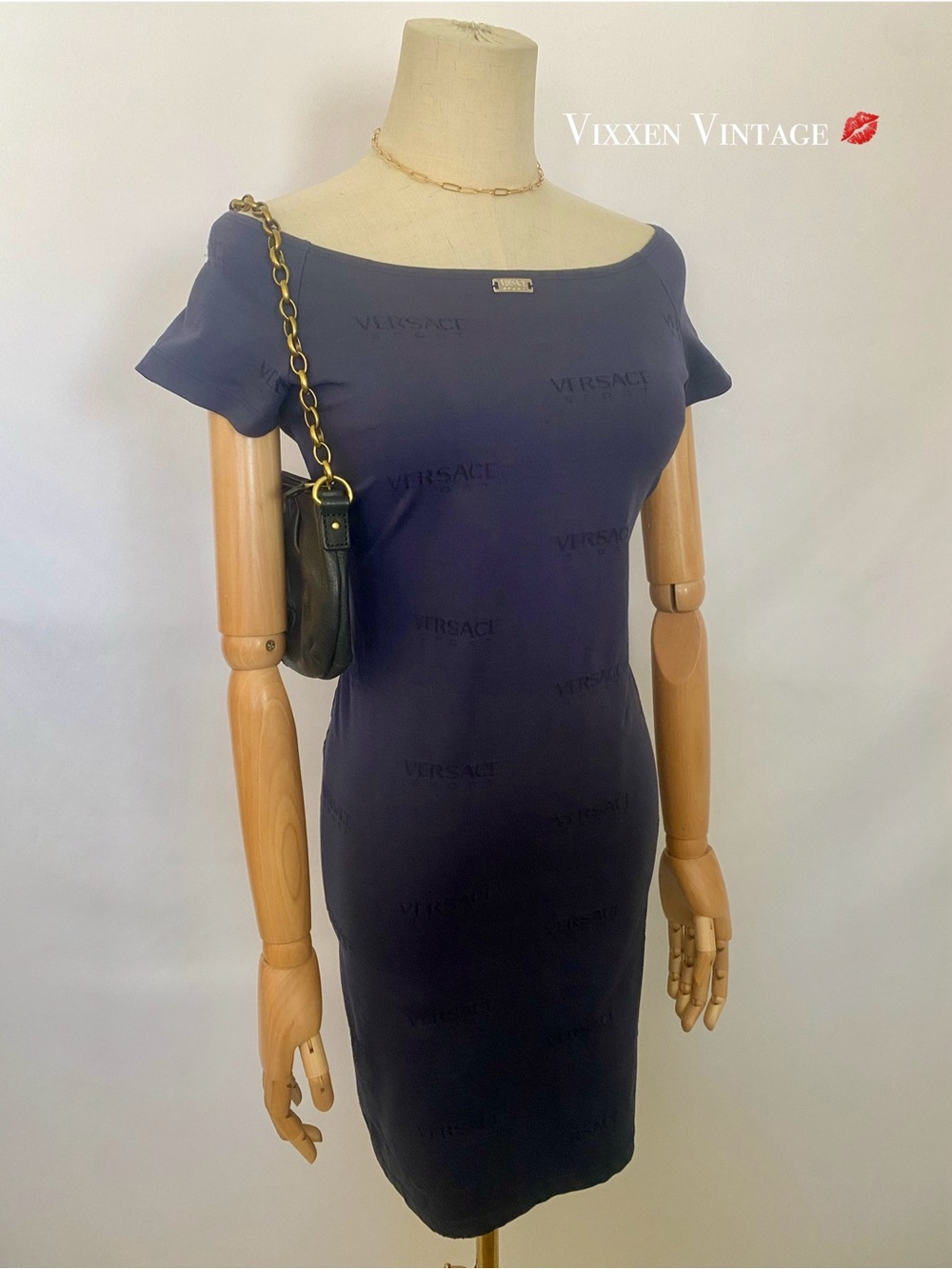 VINTAGE 1990’S VERSACE SPORT SEAMLESS MONOGRAM BODYCON DRESS IN NAVY